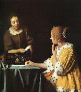 JanVermeer Lady with her Maidservant oil painting on canvas