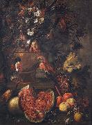 Anonymous Stilleben mit Blumen, aufgeschnittener Melone und anderem Obst sowie einem Papagei oil painting reproduction