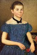 Anonymous Portrait eines Madchens im schulterfreien blauen Kleid oil painting artist